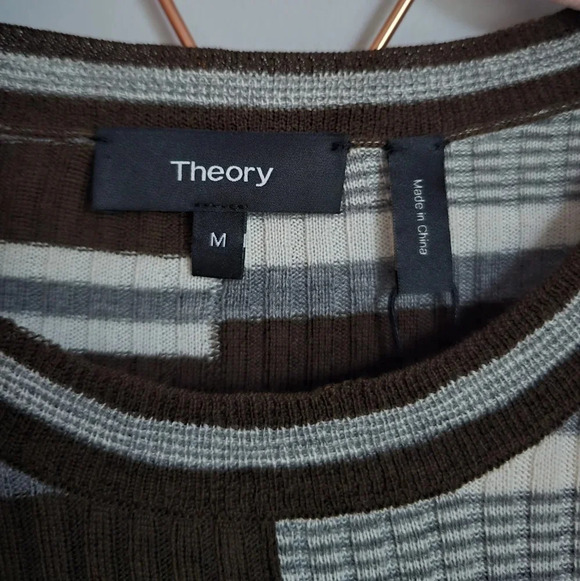 Theory, New, Wool Brown Multi-stripe Ribbed Lightweight Sweater, Size Medium - Picture 9 of 12